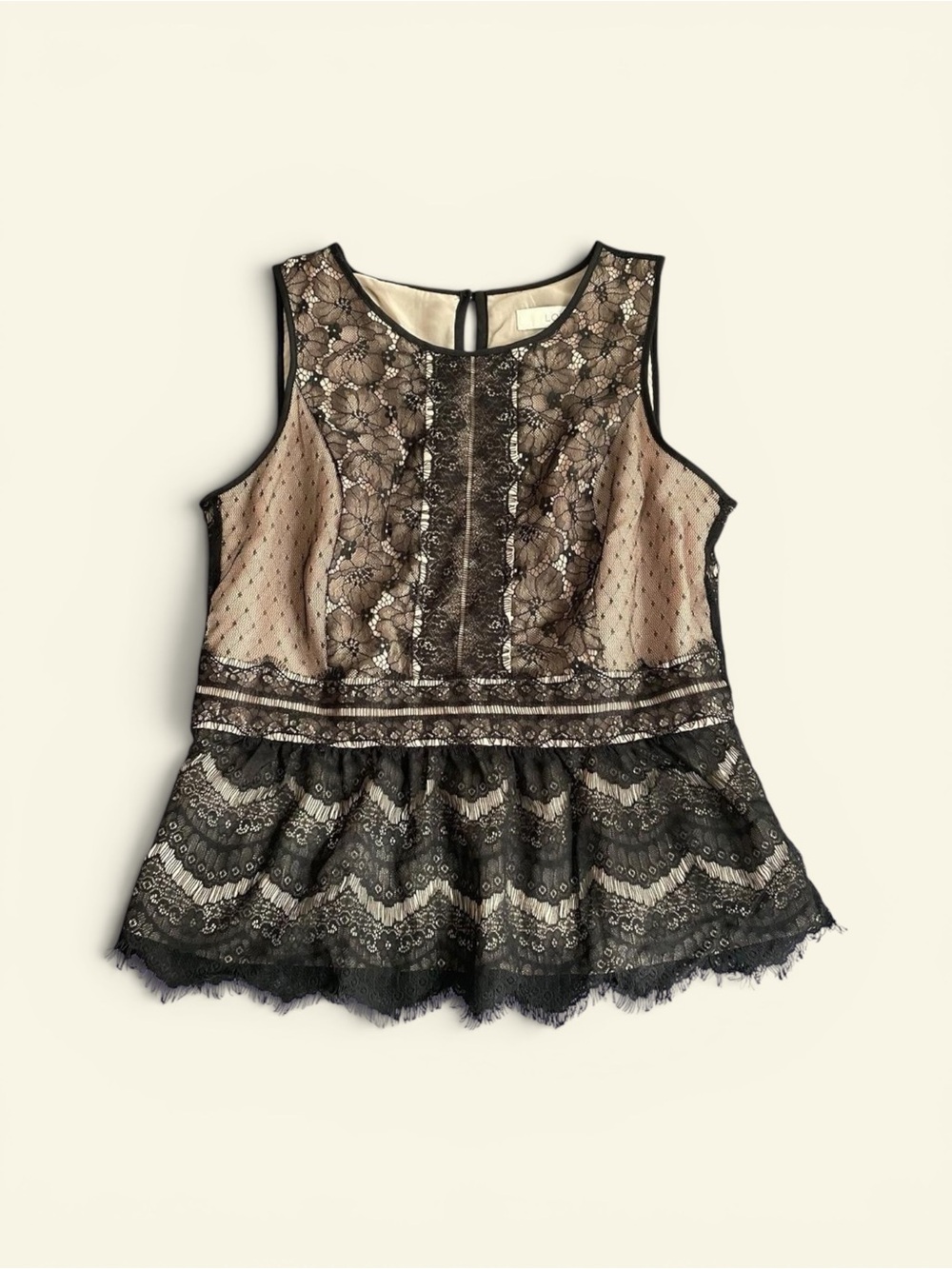 Ann Taylor LOFT Black Floral Lace Peplum Sleeveless Top Keyhole Back Women's M
